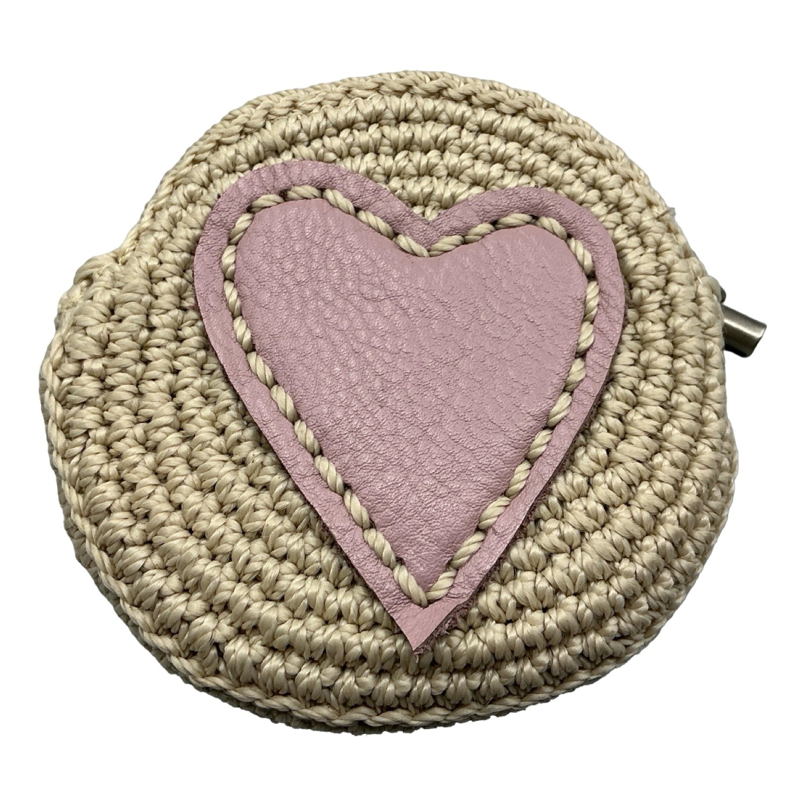 The Sak Crochet Heart Coin Purse Beige Pink Zip Pouch Round Boho Bag Charm